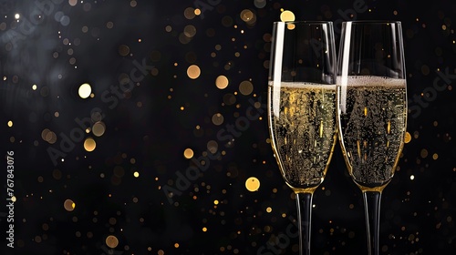 Festive luxury celebration birthday new year's eve sylvester or other holidays background banner greeting card - Toast with sparkling wine or champagne glasses on dark black night background 