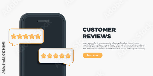 3D Phone with a five star review rating. Online service quality assessment. Customer product feedback. Social media comment. Positive rank. Cartoon creative design vector illustration for web banner