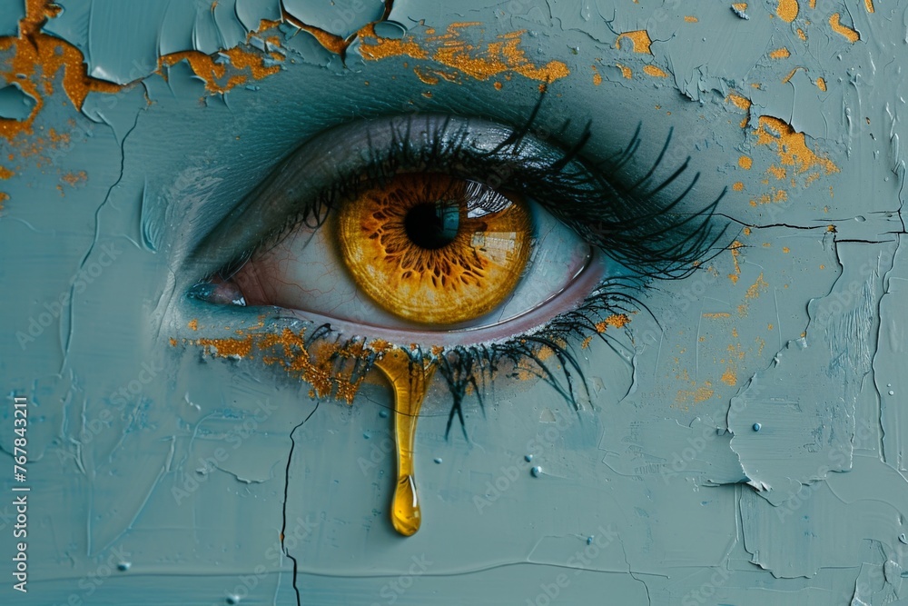 Up close shot of woman's eye with a single tear streaming down the side, emotional portrait of sadness and vulnerability - obrazy, fototapety, plakaty 