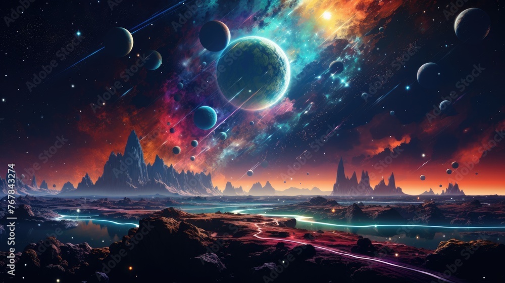 A mesmerizing digital artwork depicting a vast cosmic landscape, featuring an array of planets, stars, and nebulae, set over an alien terrain with flowing rivers and rugged mountains