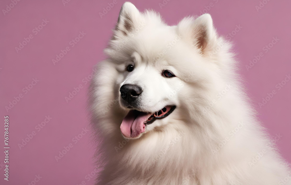  Cute Samoyed dog on blue color background. Neural network  
