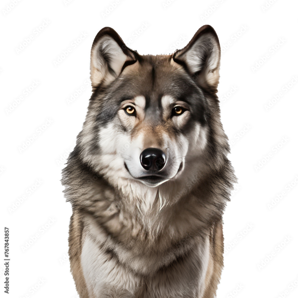 Portrait of gray wolf isolated on white transparent background, png