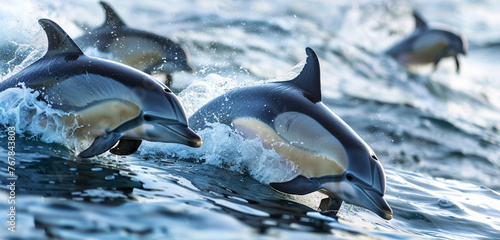 A playful pod of dolphins frolicking in the waves, their sleek bodies gliding effortlessly through the water as they chase each other in a game of tag