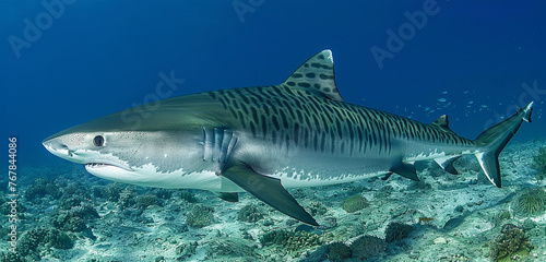 A sleek and powerful tiger shark cruising through the open ocean, its distinctive stripes and fearsome reputation making it a formidable predator of the deep © Glenn Finch