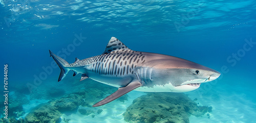 A sleek and powerful tiger shark cruising through the open ocean, its distinctive stripes and fearsome reputation making it a formidable predator of the deep