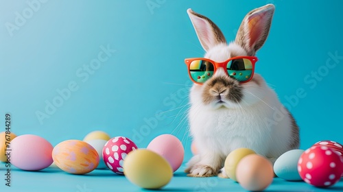 A cute Easter bunny with a basket overflowing with colorful Easter eggs Easter Bunny surrounded by colorful eggs in a festive spring scene