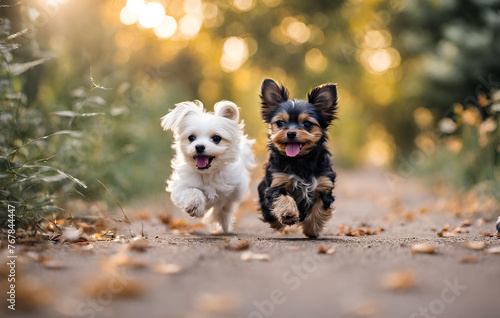 Happy Yorkshire terriers running against a forest background 