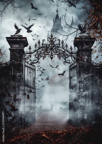 A spooky gate with crows and fog from a fairy tale.