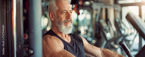 Elderly athletic man works out on a machine in the gym.