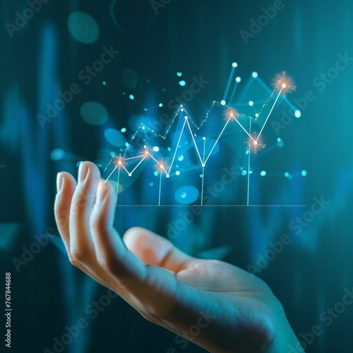 Rising 3D graph on hand on blue background.