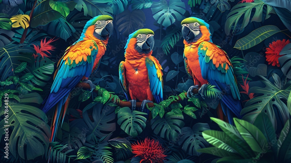 colorful parrots amidst lush foliage. Show the diverse flora and fauna of this rich ecosystem