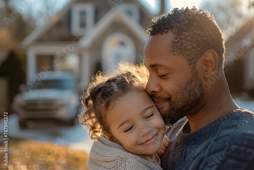 Illustration of a father expressing his love to his daughter in front of his house under the warm morning sun. Used to publicize Father's Day events, activities to promote family relationships.