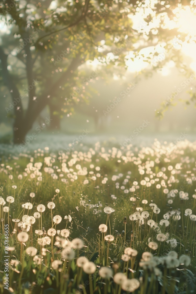 Obraz premium Misty Dawn: Sparkling Dandelions in Morning Light