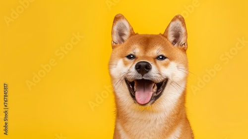Close-up portrait of a cute white dog with a brown patch on its eye Happy smiling shiba inu dog isolated on yellow orange background with copy space. Red-haired Japanese dog smile portrait 