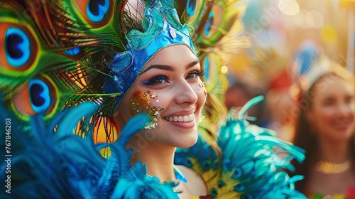Happy young woman in carnival peacock costume celebration with passion in the parade, close up of beautiful girl in colorful feather costume concept of celebrating carnival  party.  hold a colorful 