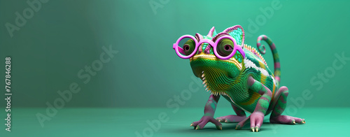 Portrait of a chameleon wearing pink sunglasses on monotone background.