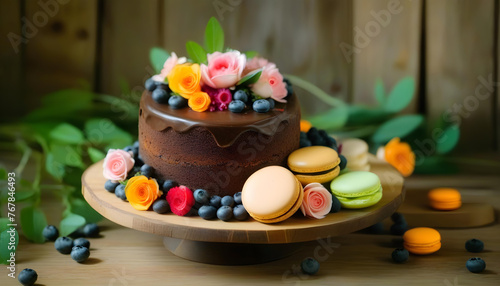 A wedding cake decorated with flowers, macarons, and blueberries on a rustic wooden table