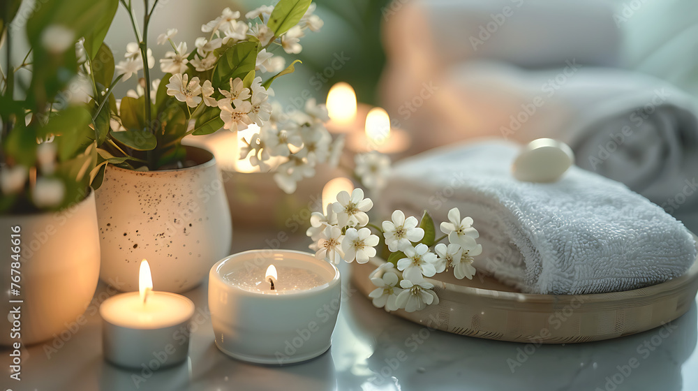Spa concept, table with towels, candles and daisy flowers on it