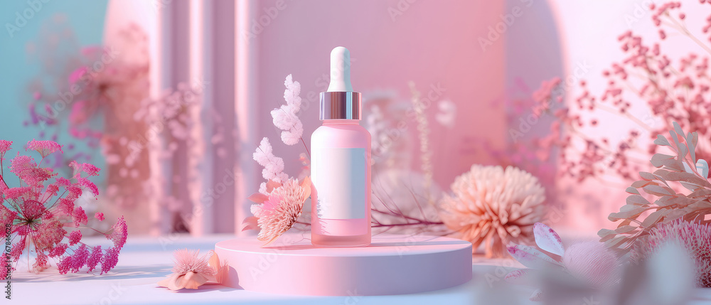 Pink floral showcase with cream jar, container, serum bottle, surreal flowers in trendy pastel color. Shadows effect.Skin Care, makeup concept. Cosmetic product presentation. Generative ai Pink floral showcase with cream jar, container, serum bottle, surreal flowers in trendy pastel color. Shadows effect.Skin Care, makeup concept. Cosmetic product presentation. Generative ai