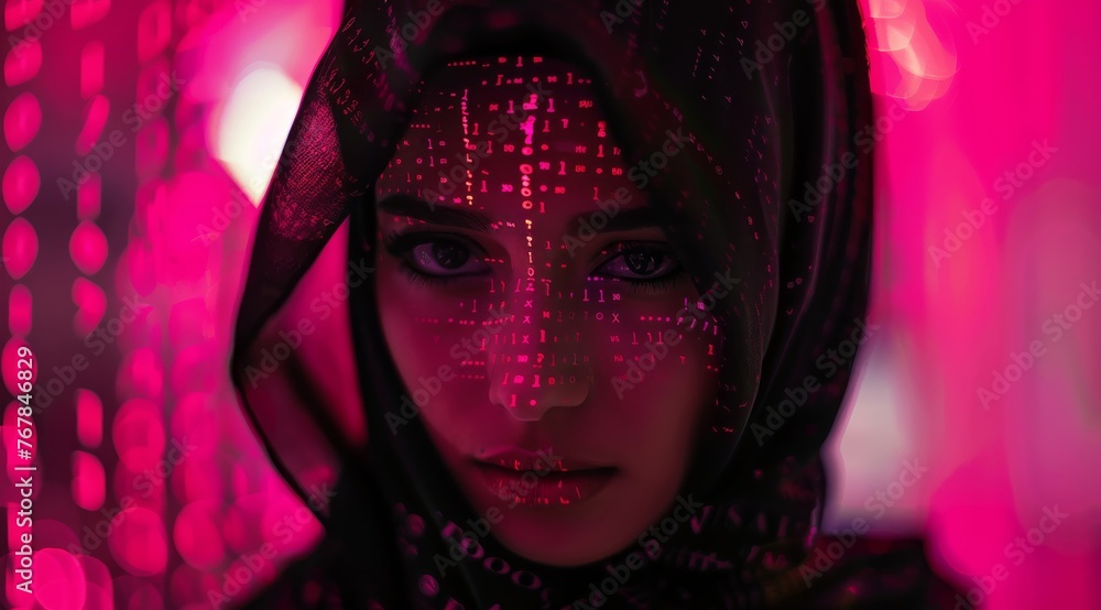 Digital woman with neon matrix code. A visual concept of digital identity with a woman's face overlaid by glowing neon matrix code, evoking cyber themes