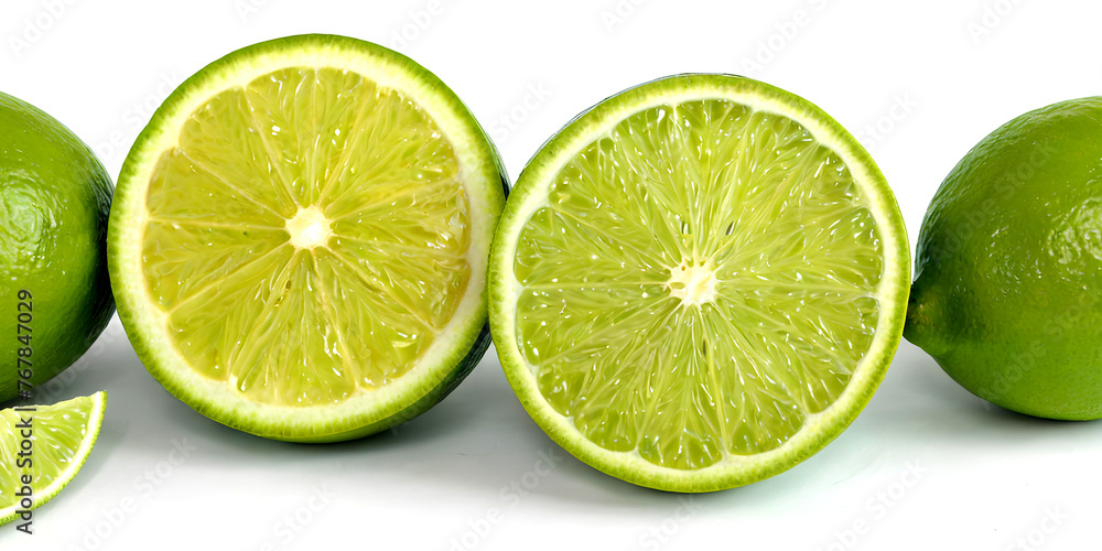 Green lime with cut in half and slices isolated. Generative AI