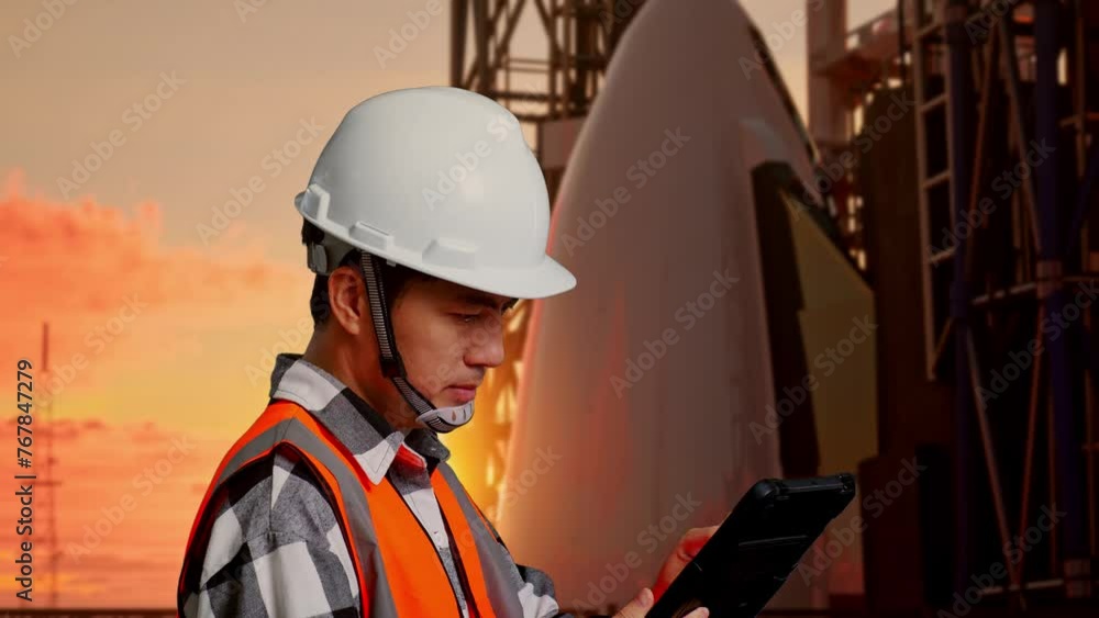 Close Up Side View Of Asian Male Engineer With Safety Helmet Working On A Tablet While Standing With Space Shuttle, Sunset Time Close Up Side View Of Asian Male Engineer With Safety Helmet Working On A Tablet While Standing With Space Shuttle, Sunset Time
