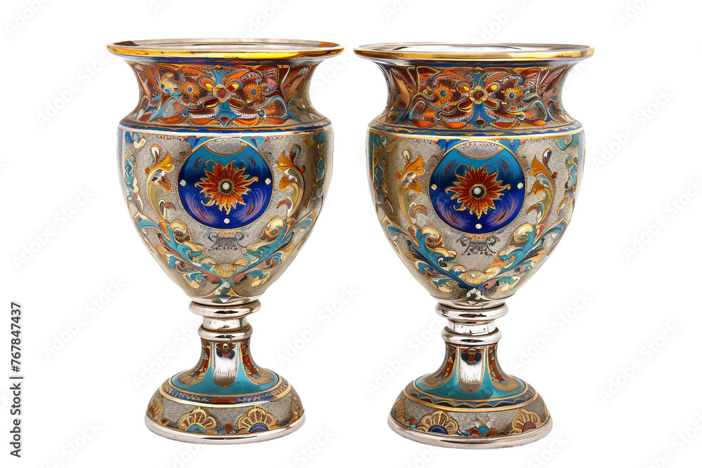 A Pair of Russian Gilded Silver and Shaded Enamel Standing Vase on Transparent Background