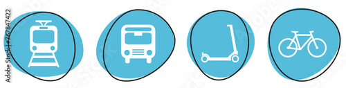 4 blaue Verkehrsmittel Icons: Zug, Bus, Roller, Fahrrad - Button Banner