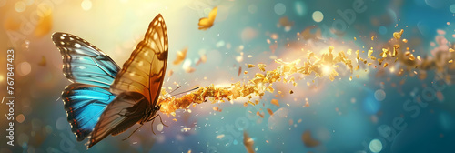 a blue and yellow butterfly flying through a blue and yellow sky with gold flecks on it's wings.