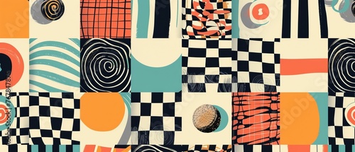 Psychedelic geometric checker op-art modern illustration with optical illusion. Colorful background, chess board tiles with psychedelic spherical volume, geometric checkered op-art.