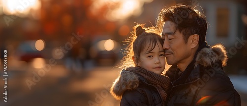 Illustration of a father expressing his love to his daughter in front of his house under the warm morning sun. Used to publicize Father's Day events, activities to promote family relationships.