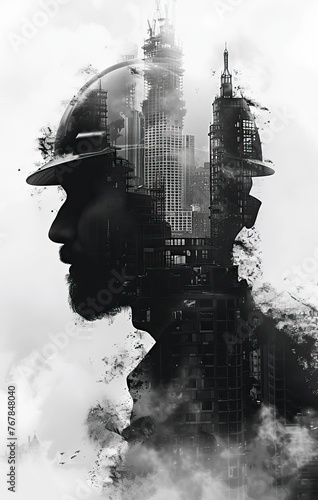 A construction worker profiled with a helmet, superimposed on an urban road construction scene black and white