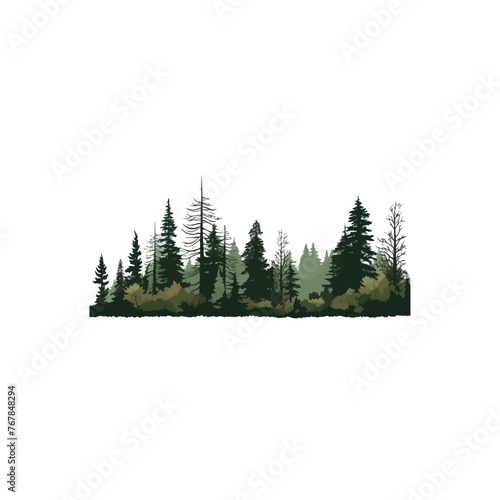 Green Forest landscape silhouettes panorama with pines, fir trees, cedars. Editable vector illustration with isolated stand alone trees for your own