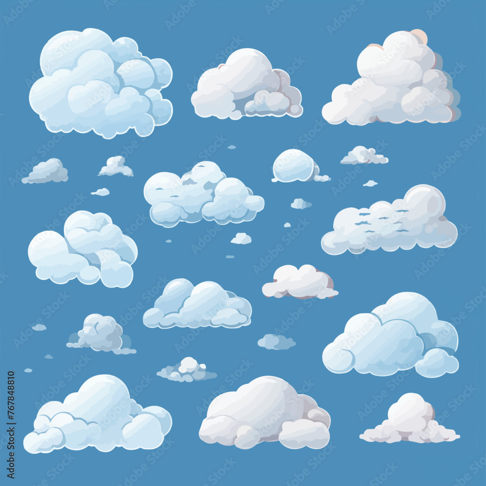 Cartoon white clouds icon set isolated on blue background. Cloudscape in flat style. Blue sky cloud weather symbol. Vector illustration cloudy panorama Cartoon white clouds icon set isolated on blue background. Cloudscape in flat style. Blue sky cloud weather symbol. Vector illustration cloudy panorama