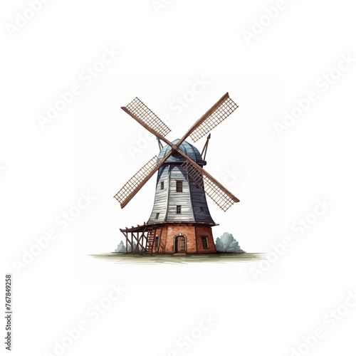 2D illustration of a windmill isolated on a white background. The windmill has four long and large blades. Windmills are used in agriculture.