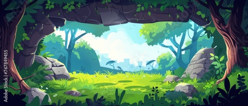 From inside the cave  you can see the forest s tree trunks and green grass on the meadow. A cartoon modern summer landscape has an entrance hole to the cavern and the exit from it is in the jungle on