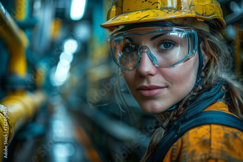 Woman in hard hat and safety glasses in oil refinery © antkevyv