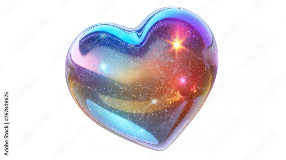 Render of 3d iridescent chrome heart emoji with rainbow gradient effect. 3d modern y2k illustration. Holographic heart icon, like galaxy planet with stars.