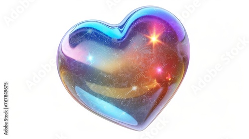Render of 3d iridescent chrome heart emoji with rainbow gradient effect. 3d modern y2k illustration. Holographic heart icon, like galaxy planet with stars. © Mark