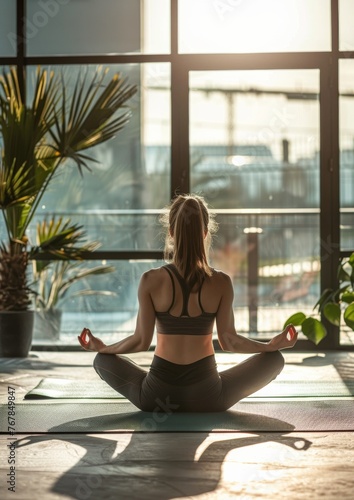 Young beautiful woman practices yoga in a modern interior.