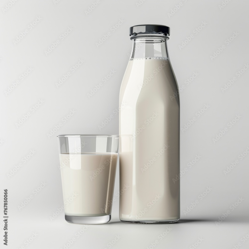 Milk in a bottle with a glass cup next to it on a light background. Milk in a bottle with a glass cup next to it on a light background.