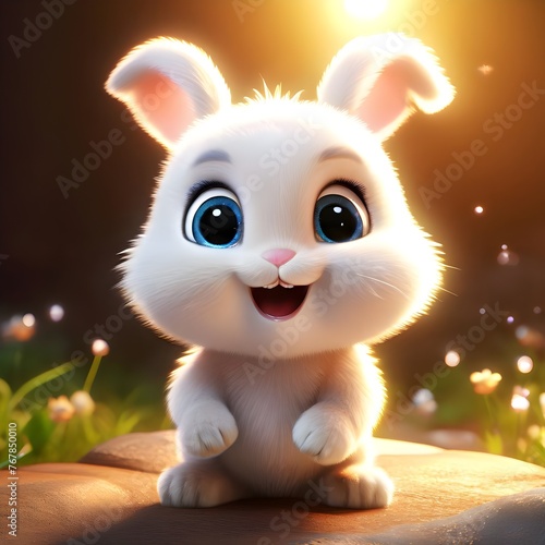 A smiling cute 3D cartoon rabbit with big round sparkling eyes © Julio