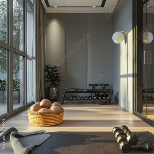 Exercise corner in the modern interior of the house. Mats, dumbbells, balls, exercise equipment.