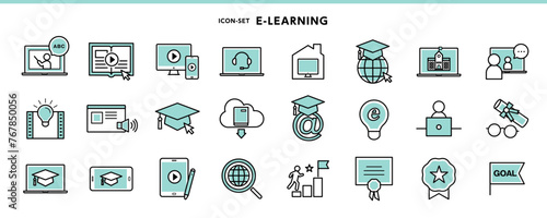 eラーニングやWebラーニングなどオンライン学習関係のアイコンセット