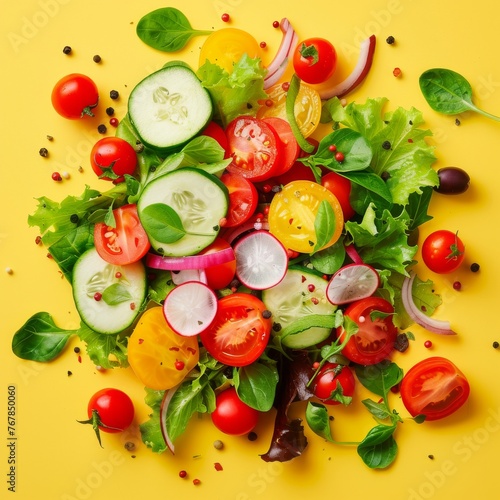 Fresh vegetable salad on a yellow background.