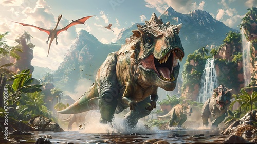 Dinosaurs in an ancient world jungle landscape with mountains and waterfalls #767850081