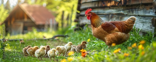 A hen with chicks on the grass in front of a wooden house. photo