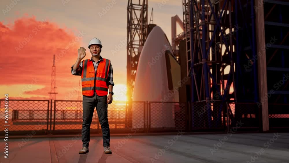 Full Body Of Asian Male Engineer With Safety Helmet Smiling To Camera And Waving Hand Saying Bye While Standing With Space Shuttle, Sunset Time Full Body Of Asian Male Engineer With Safety Helmet Smiling To Camera And Waving Hand Saying Bye While Standing With Space Shuttle, Sunset Time