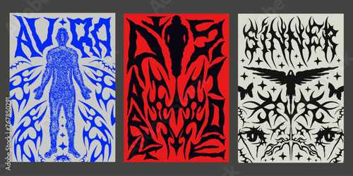 Cyber Punk Y2k Posters Set Vector Design. Neo Tribal Cyber Sigilism Placards. Streetwear Prints. Gothic Pattern.