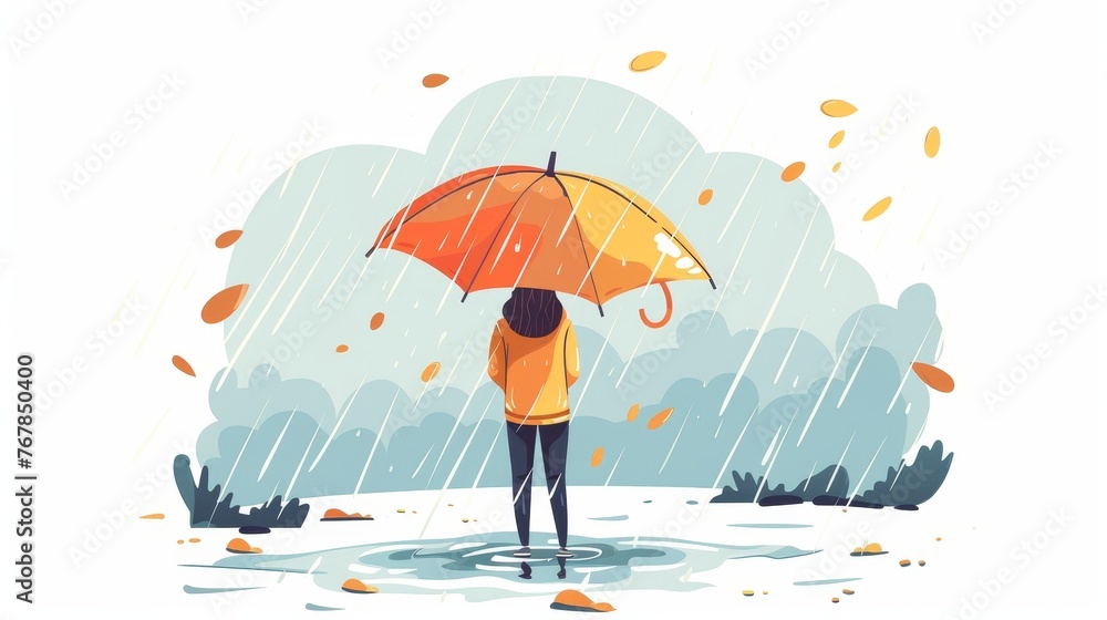 A sad character under an umbrella swaying in heavy rain, wind, and windy storm. A person standing in bad rainy weather, downpour, rainstorm. Modern illustration of a flat graphic isolated on white - obrazy, fototapety, plakaty 